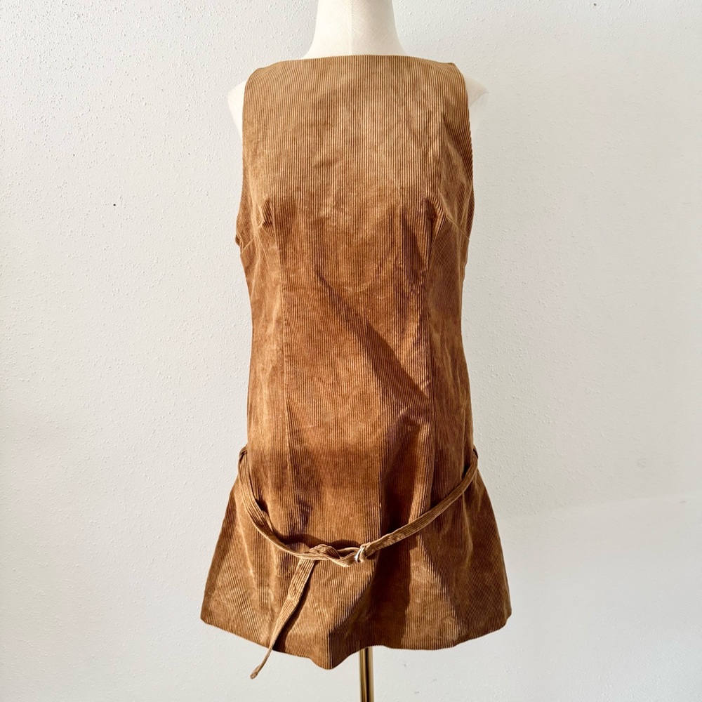 ZARA Belted Corduroy Dress Bateau Sleeveless Cognac Brown Women's Size Large L